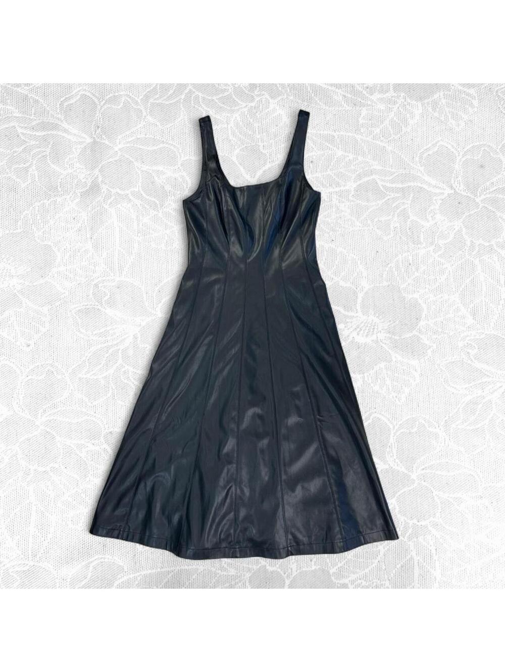 NWT 7 For All Man Kind Black Fux Leather Sleeveless Midi Dress - S